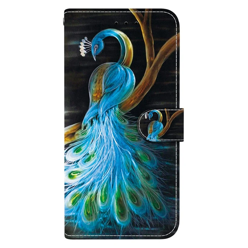 For Xiaomi Redmi Note 14S 4G Case Pattern Printing Anti-Drop Leather Flip Wallet Phone Cover with Lanyard - Peacock