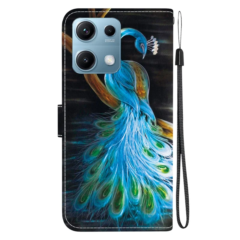 For Xiaomi Redmi Note 14S 4G Case Pattern Printing Anti-Drop Leather Flip Wallet Phone Cover with Lanyard - Peacock