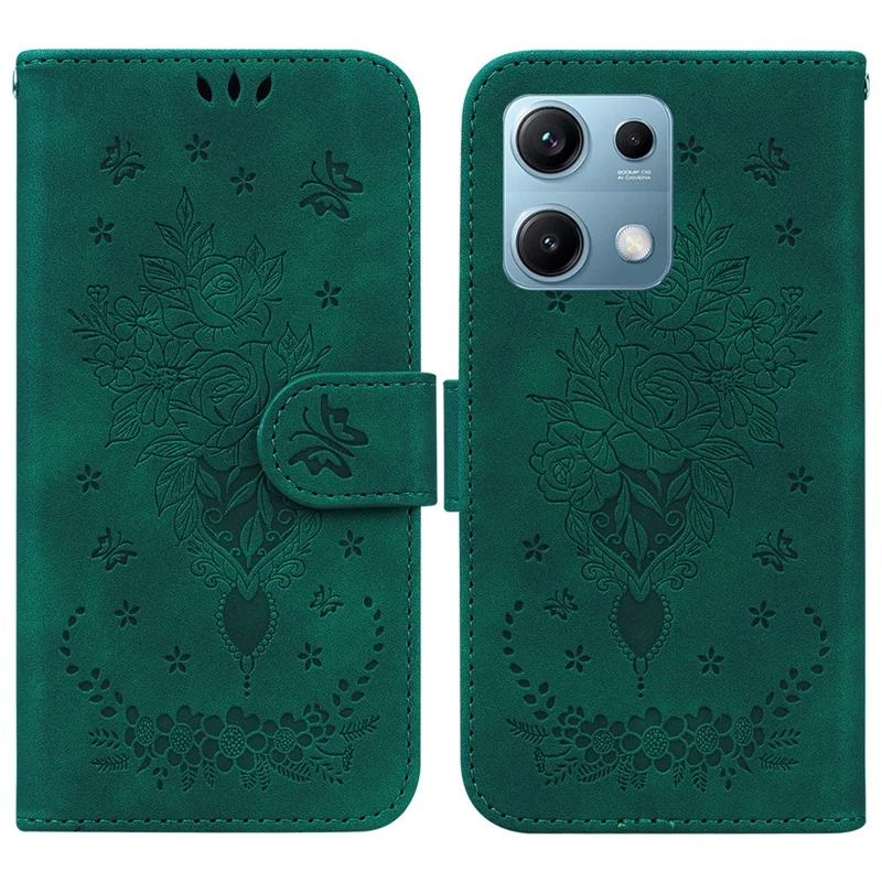 Obudowa do Xiaomi Redmi Note 14S 4G, pokrowiec portfelowy z wysokiej jakości skóry PU z nadrukiem motylków i kwiatów róż - zielony
