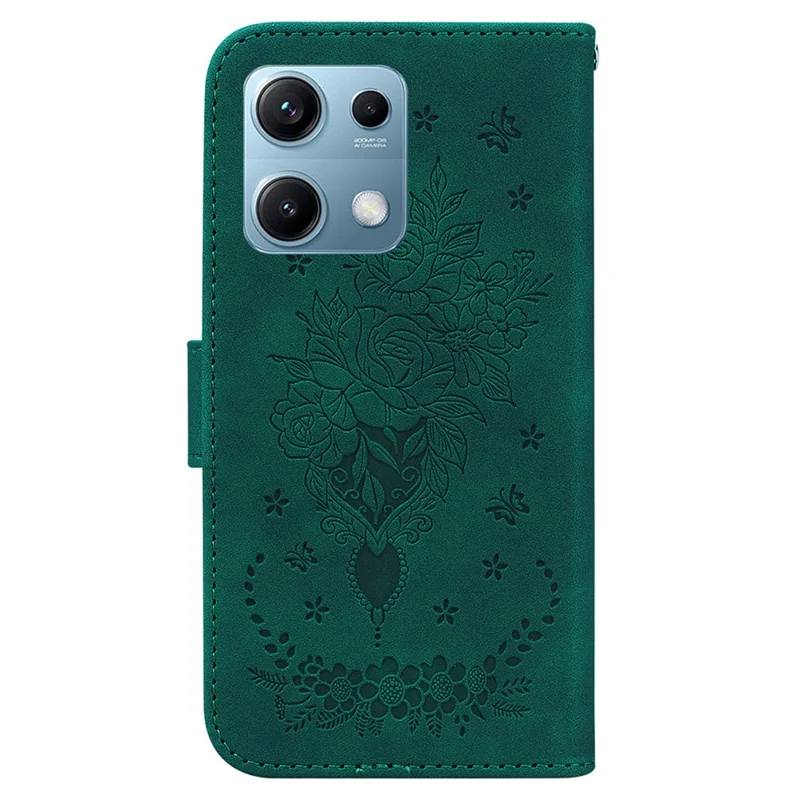 Obudowa do Xiaomi Redmi Note 14S 4G, pokrowiec portfelowy z wysokiej jakości skóry PU z nadrukiem motylków i kwiatów róż - zielony