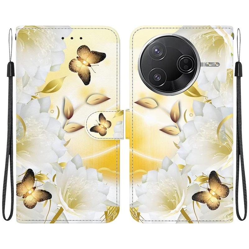 Per Xiaomi Poco F7 Pro 5G / F7 Ultra 5G / Redmi K80 Pro 5G / K80 5G Cover a Portafoglio in Pelle con Stampa - Farfalla Dorata su Fiore