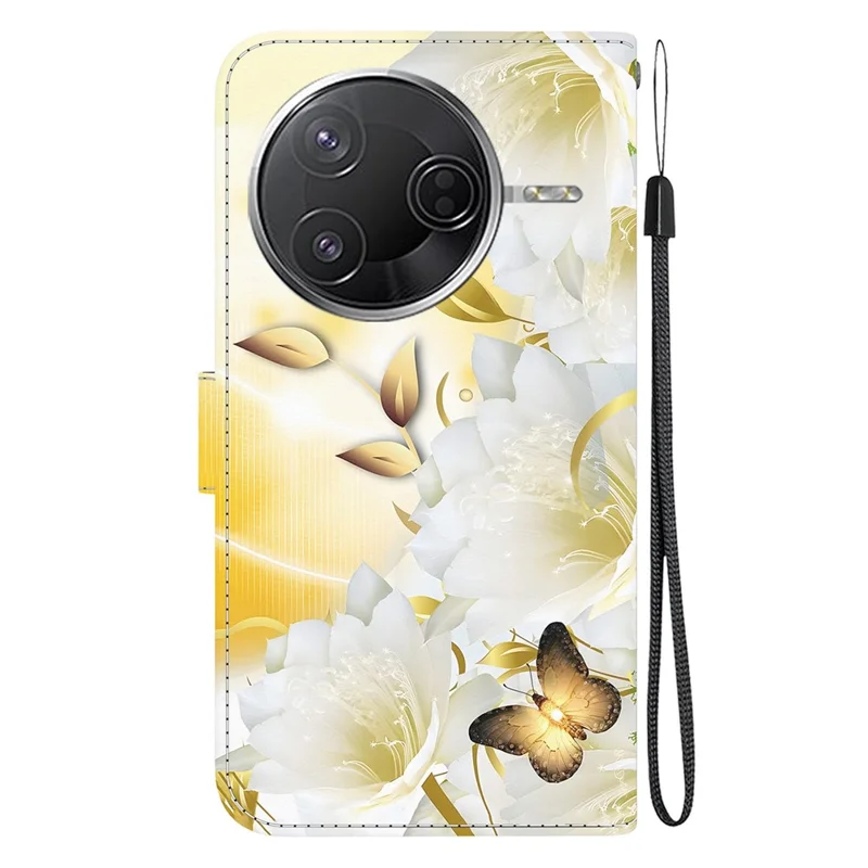 Per Xiaomi Poco F7 Pro 5G / F7 Ultra 5G / Redmi K80 Pro 5G / K80 5G Cover a Portafoglio in Pelle con Stampa - Farfalla Dorata su Fiore