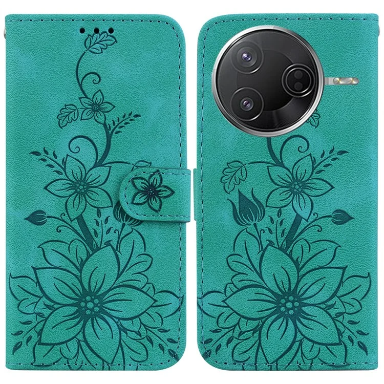 For Xiaomi Poco F7 Pro 5G  /  F7 Ultra 5G  /  Redmi K80 Pro 5G  /  K80 5G Case Lily Flower Imprint Leather Phone Cover with Stand - Green