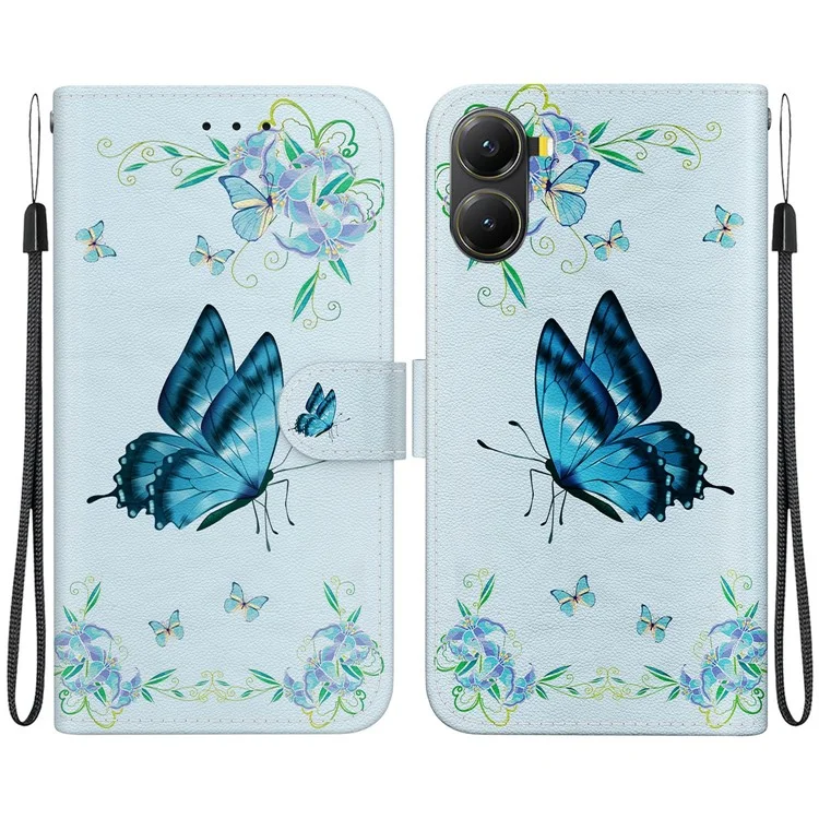 Funda tipo cartera de cuero para Poco X7 Pro 5G / Redmi Turbo 4 5G con tapa abatible, estampado de patrón - Mariposa azul con flores