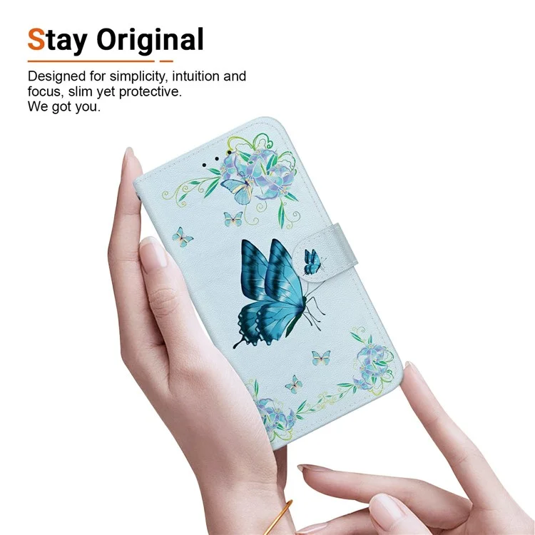 Funda tipo cartera de cuero para Poco X7 Pro 5G / Redmi Turbo 4 5G con tapa abatible, estampado de patrón - Mariposa azul con flores