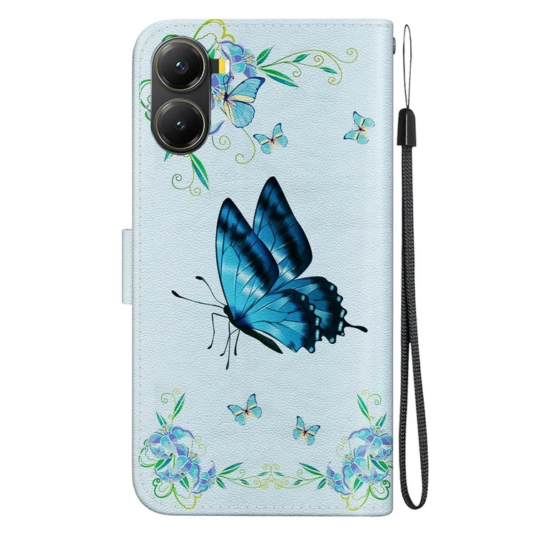 Funda tipo cartera de cuero para Poco X7 Pro 5G / Redmi Turbo 4 5G con tapa abatible, estampado de patrón - Mariposa azul con flores