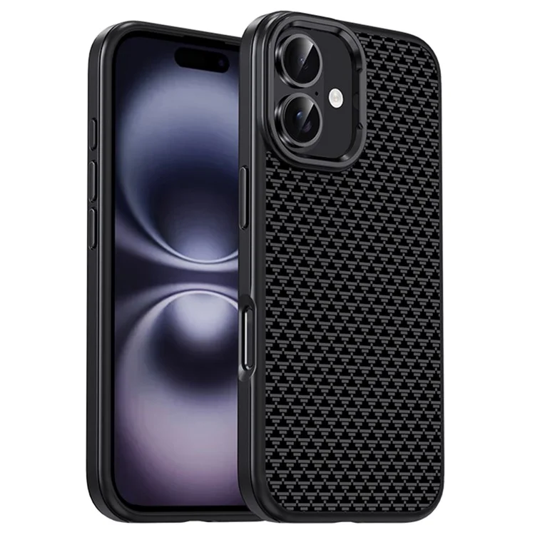 IPAKY For iPhone 16 Case Carbon Fiber Texture PC + TPU Shockproof Phone Back Cover - Titanium Black