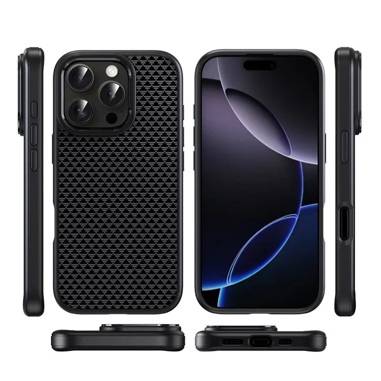 IPAKY For iPhone 16 Case Carbon Fiber Texture PC + TPU Shockproof Phone Back Cover - Titanium Black