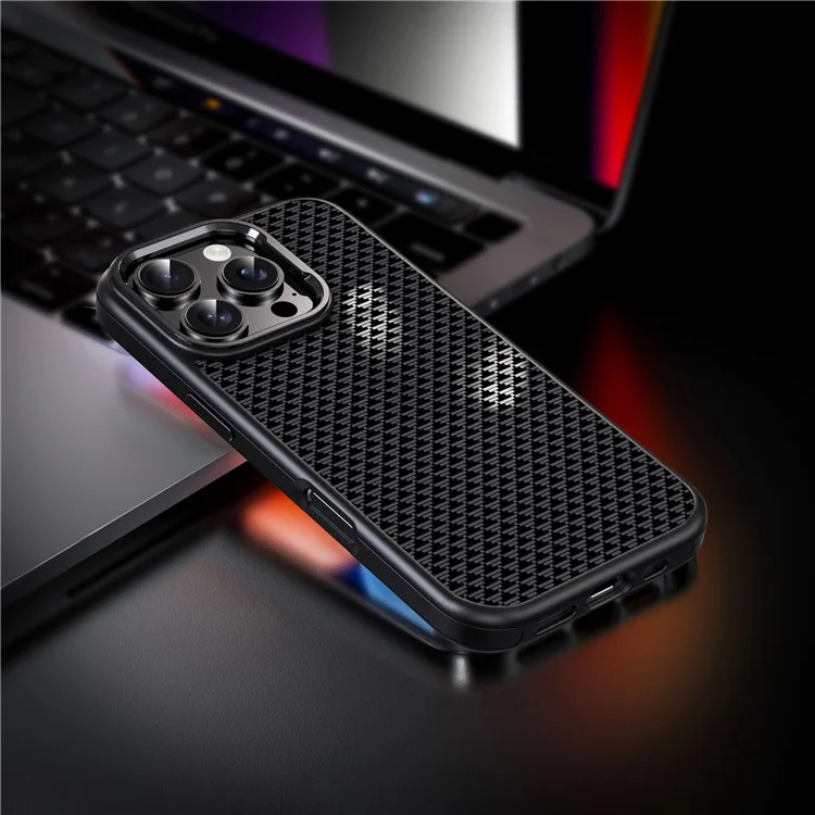 IPAKY For iPhone 16 Case Carbon Fiber Texture PC + TPU Shockproof Phone Back Cover - Titanium Black