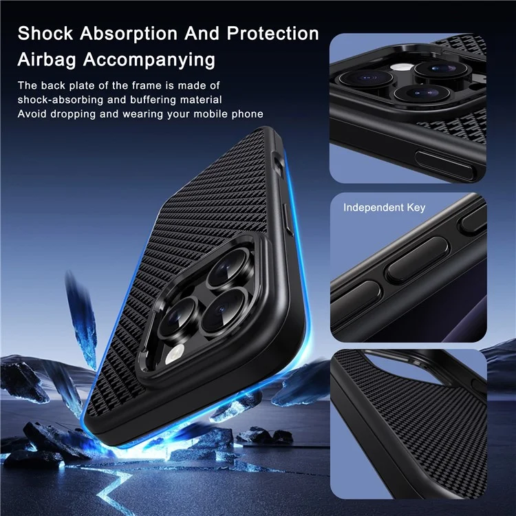 IPAKY For iPhone 16 Case Carbon Fiber Texture PC + TPU Shockproof Phone Back Cover - Titanium Black