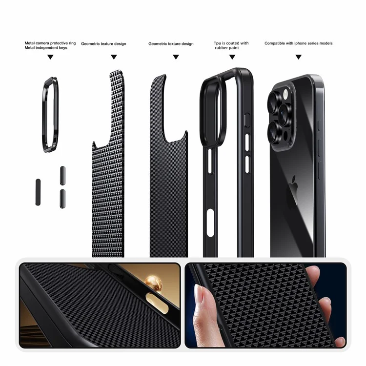 IPAKY For iPhone 16 Case Carbon Fiber Texture PC + TPU Shockproof Phone Back Cover - Titanium Black