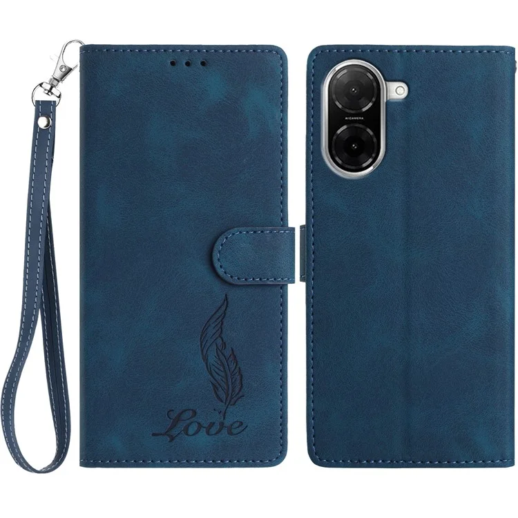 For Xiaomi Redmi A5 NFC (173.45mm) Case Imprinted Feather PU Leather Wallet Phone Cover with Wrist Strap - Dark Blue