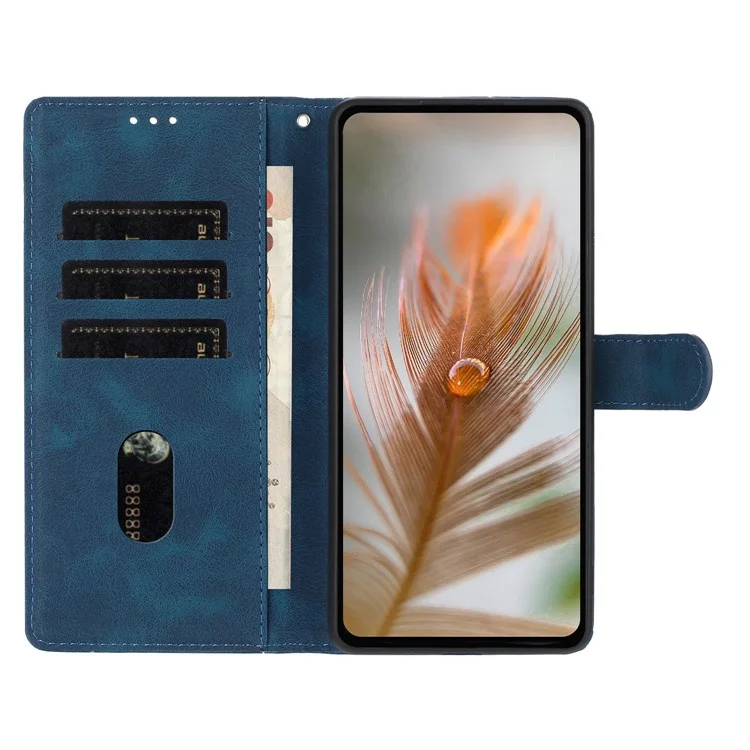 For Xiaomi Redmi A5 NFC (173.45mm) Case Imprinted Feather PU Leather Wallet Phone Cover with Wrist Strap - Dark Blue