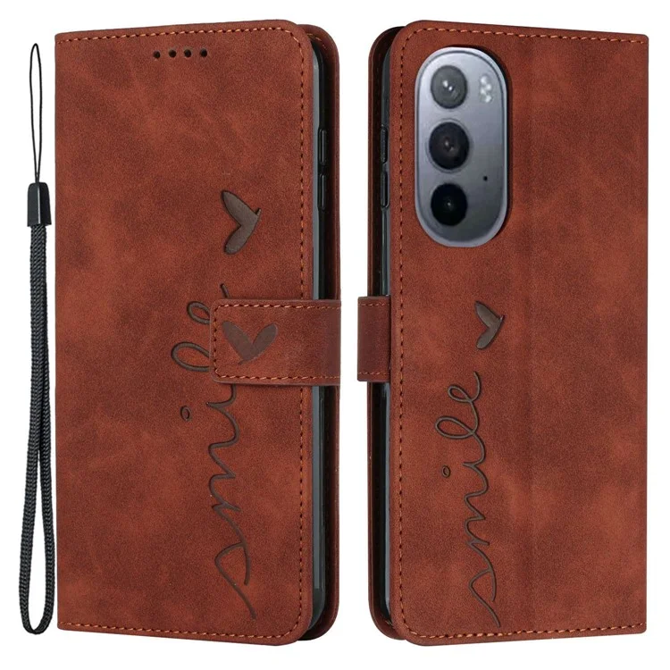 Für Motorola Moto X30 Pro 5G / Edge 30 Ultra 5G Hauttouch Feeling Herzform Eingeprägter Telefonhülle Anti-fall PU Leder Brieftasche Mit Riemen - Braun