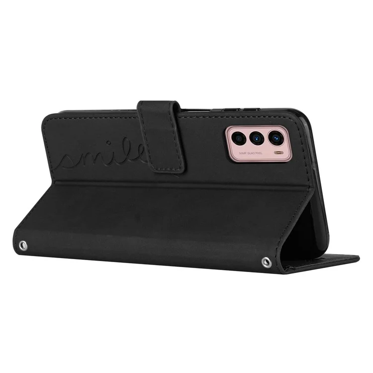 Caixa de Telefone de Couro PU de Toque de Pele Para Motorola Moto G42 4G, Imprimindo a Capa do Telefone da Carteira de Padrão Cardíaco. - Preto
