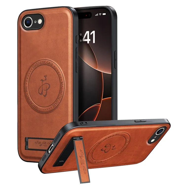 Étui magnétique pour iPhone 16e avec support en PU + TPU + PC Coque arrière anti-chute - Marron