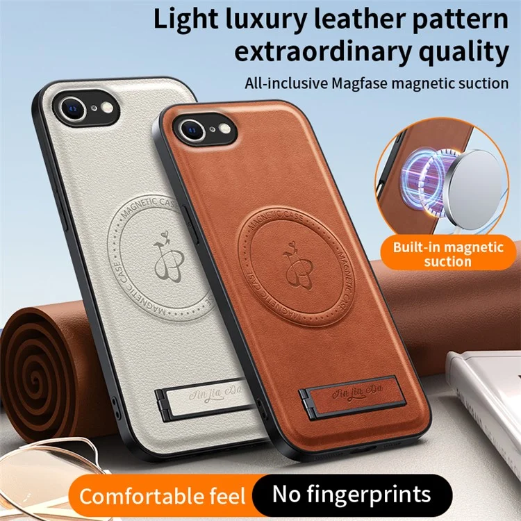 Étui magnétique pour iPhone 16e avec support en PU + TPU + PC Coque arrière anti-chute - Marron