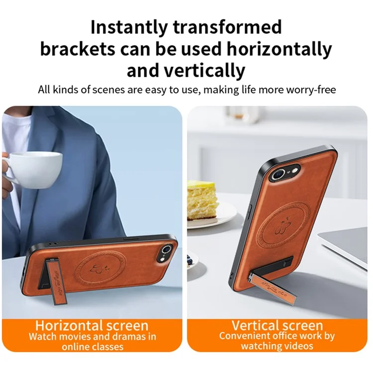 Étui magnétique pour iPhone 16e avec support en PU + TPU + PC Coque arrière anti-chute - Marron