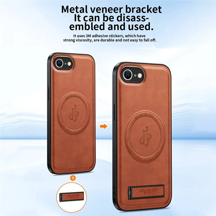 Étui magnétique pour iPhone 16e avec support en PU + TPU + PC Coque arrière anti-chute - Marron