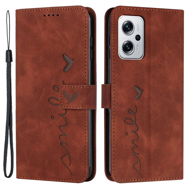 Tampa do Telefone Anti-arranhão Para Xiaomi Redmi Note 11t Pro 5G / 11t Pro+ 5g / Poco X4 gt 5g, Formato de Coração Impressão de Capa de Couro de Couro pu de Toque de Pele - Castanho