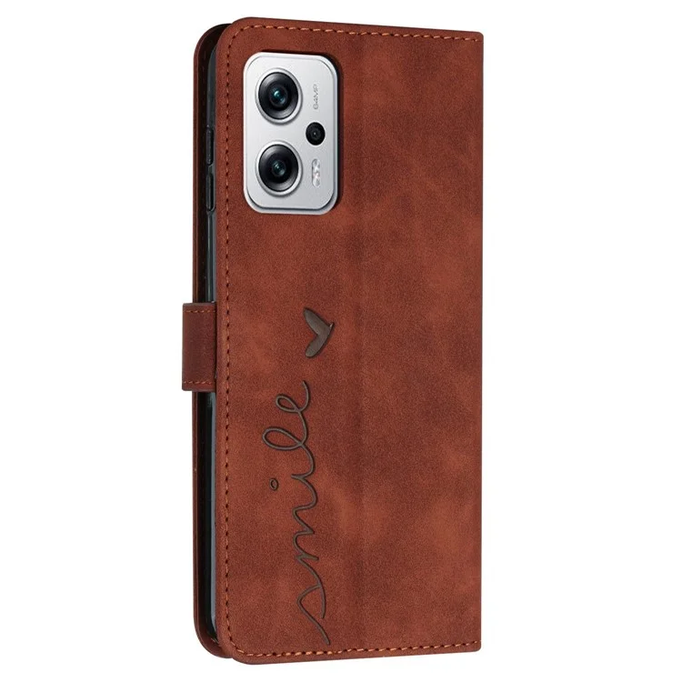 Tampa do Telefone Anti-arranhão Para Xiaomi Redmi Note 11t Pro 5G / 11t Pro+ 5g / Poco X4 gt 5g, Formato de Coração Impressão de Capa de Couro de Couro pu de Toque de Pele - Castanho
