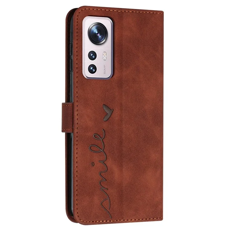 Mobile Phone Case Wallet for Xiaomi 12 Lite 5G, Imprinting Heart Shape Skin-touch Feeling PU Leather Stand Scratch-resistant Flip Phone Cover - Brown