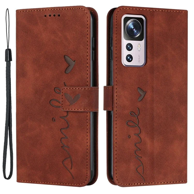 Для Xiaomi 12t 5g / 12T Pro 5G Кошелек Cople Cover Skin-touch Кожаный Импринтинг с Узором Сердца с Кожей - Коричневый