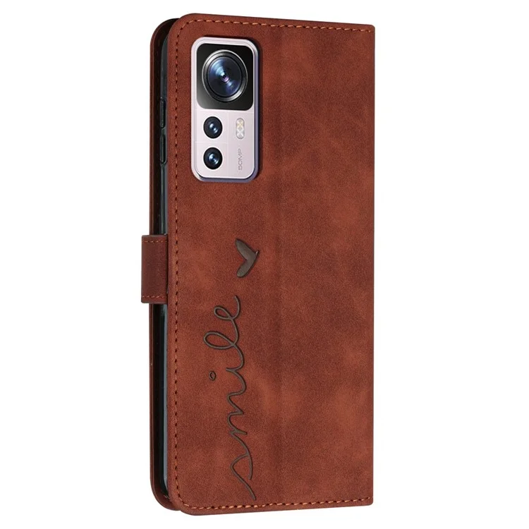 Для Xiaomi 12t 5g / 12T Pro 5G Кошелек Cople Cover Skin-touch Кожаный Импринтинг с Узором Сердца с Кожей - Коричневый
