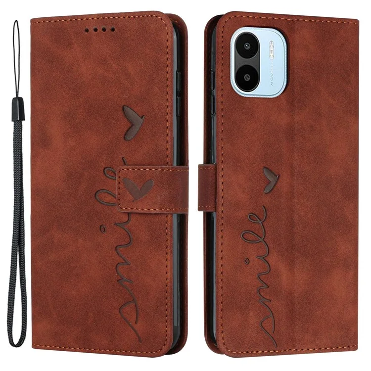 Mobile Phone Case Wallet for Xiaomi Redmi A1 4G / A2 4G, Imprinting Heart Shape Skin-touch Feeling PU Leather Stand Flip Phone Cover - Brown