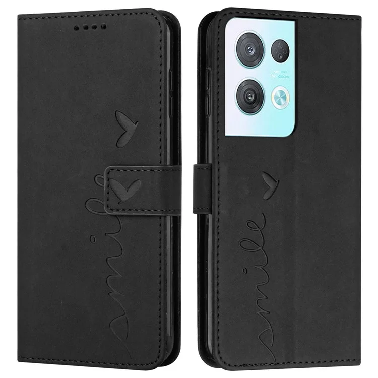 For Oppo Reno8 Pro+ (China) 5G / Reno8 Pro 5G (Global Version) Heart Shape Imprint Phone Shockproof Case Skin-touch PU Leather Flip Stand Wallet Cover - Black
