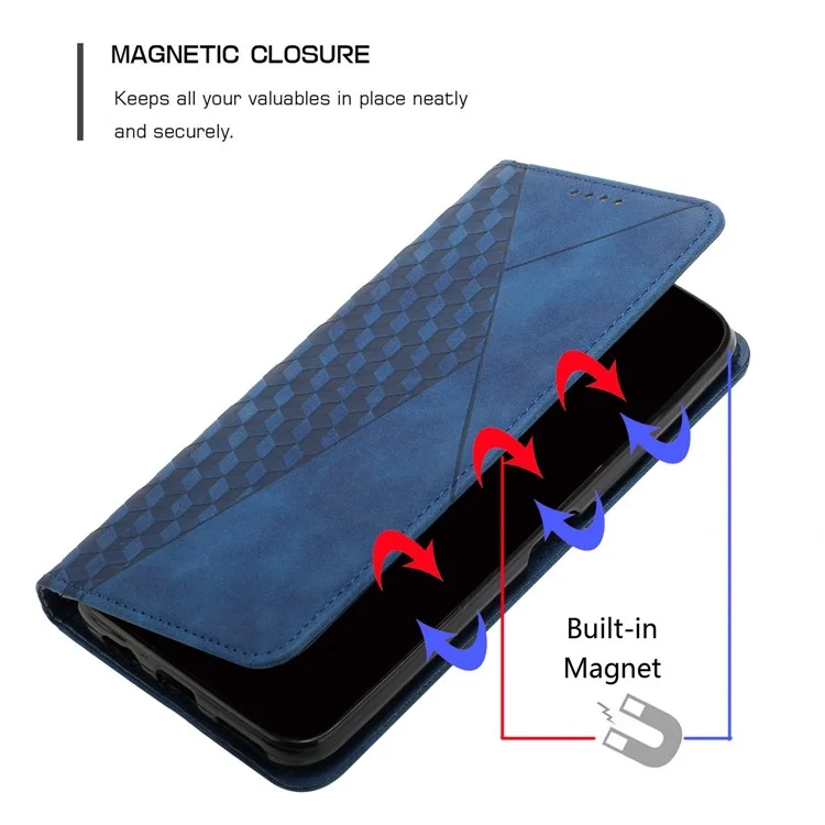 Per Oppo Reno8 5G / Reno8 5G (versione Globale) Pattern Rhombo Flip State Flip Case Assorbimento Magnetico Copertina Per Ammortizzatori in Pelle PU - Zaffiro