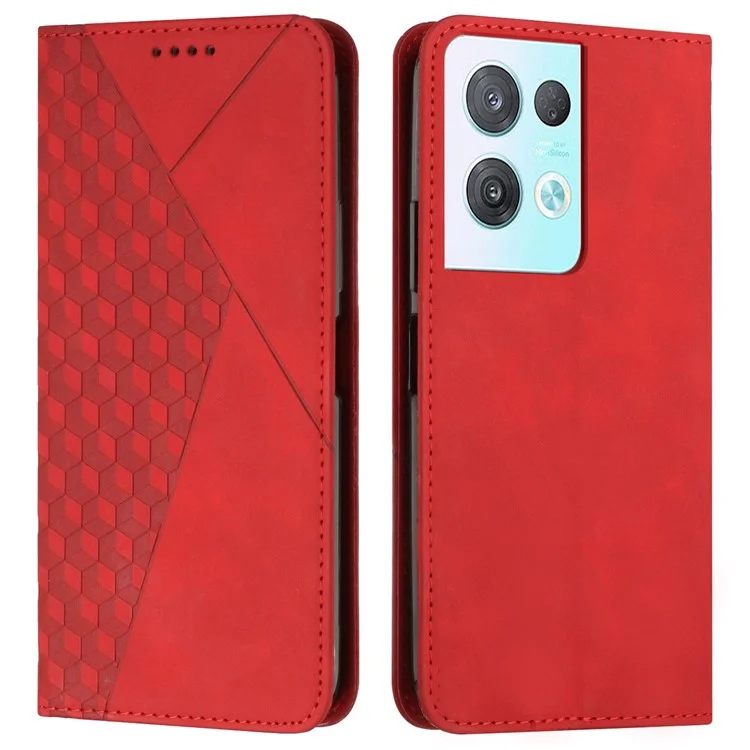 Per Oppo Reno8 Pro 5G (versione Globale) / Reno8 Pro+ 5G Assorbimento Magnetico PU Pettura Percolo Portafoglio Case Rhombo Pattern Exprinted Shock Aound Cover - Rosso