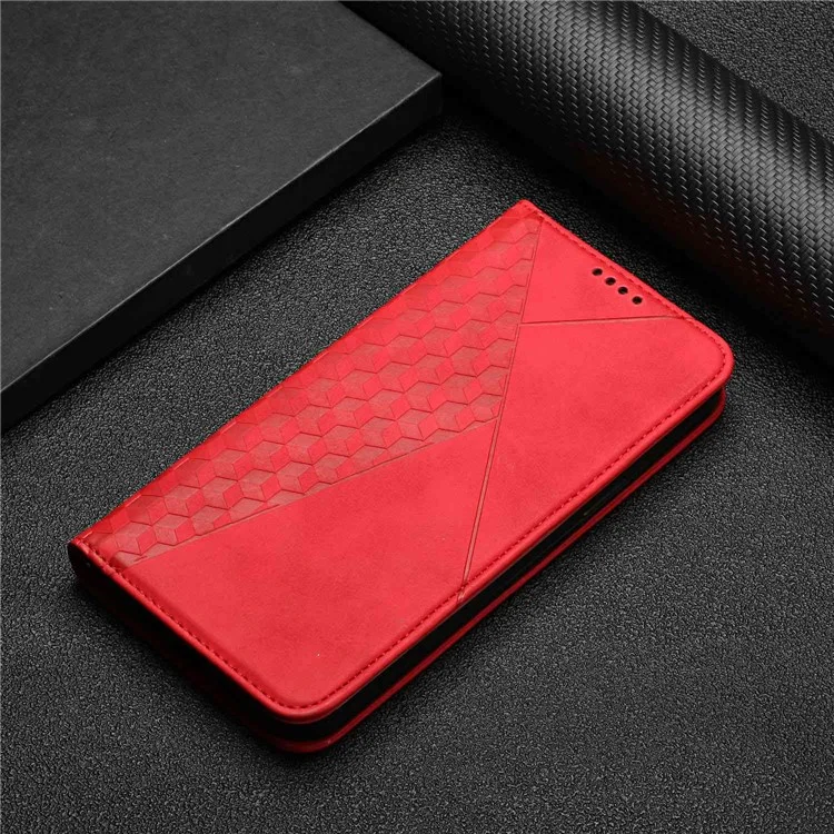 Per Oppo Reno8 Pro 5G (versione Globale) / Reno8 Pro+ 5G Assorbimento Magnetico PU Pettura Percolo Portafoglio Case Rhombo Pattern Exprinted Shock Aound Cover - Rosso