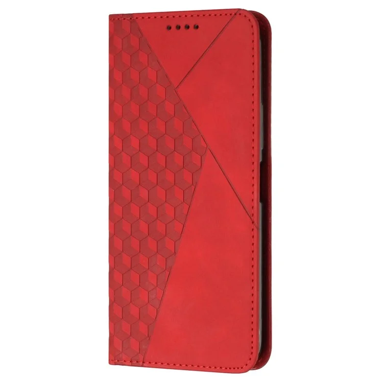Per Oppo Reno8 Pro 5G (versione Globale) / Reno8 Pro+ 5G Assorbimento Magnetico PU Pettura Percolo Portafoglio Case Rhombo Pattern Exprinted Shock Aound Cover - Rosso