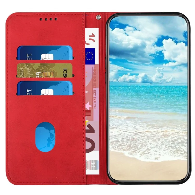 Per Oppo Reno8 Pro 5G (versione Globale) / Reno8 Pro+ 5G Assorbimento Magnetico PU Pettura Percolo Portafoglio Case Rhombo Pattern Exprinted Shock Aound Cover - Rosso