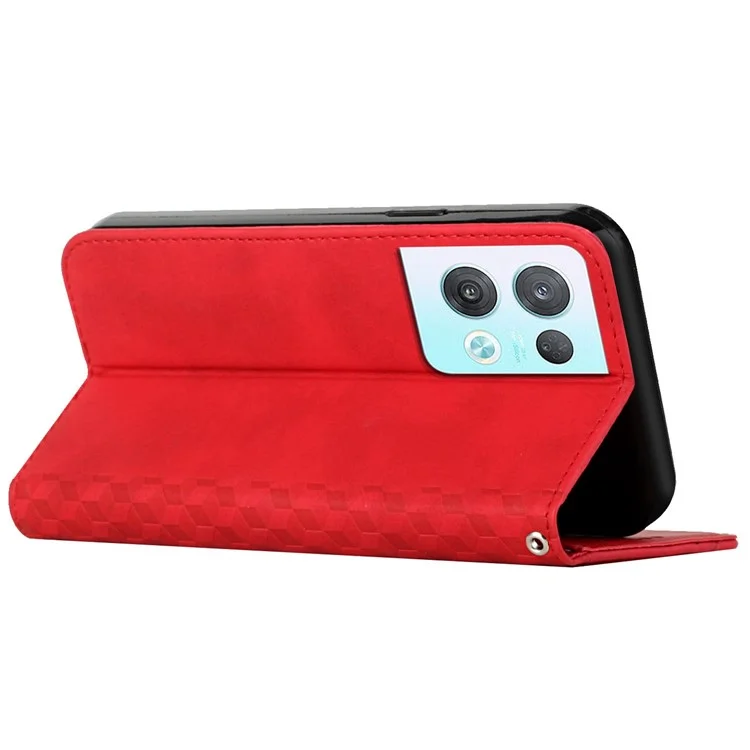 Per Oppo Reno8 Pro 5G (versione Globale) / Reno8 Pro+ 5G Assorbimento Magnetico PU Pettura Percolo Portafoglio Case Rhombo Pattern Exprinted Shock Aound Cover - Rosso