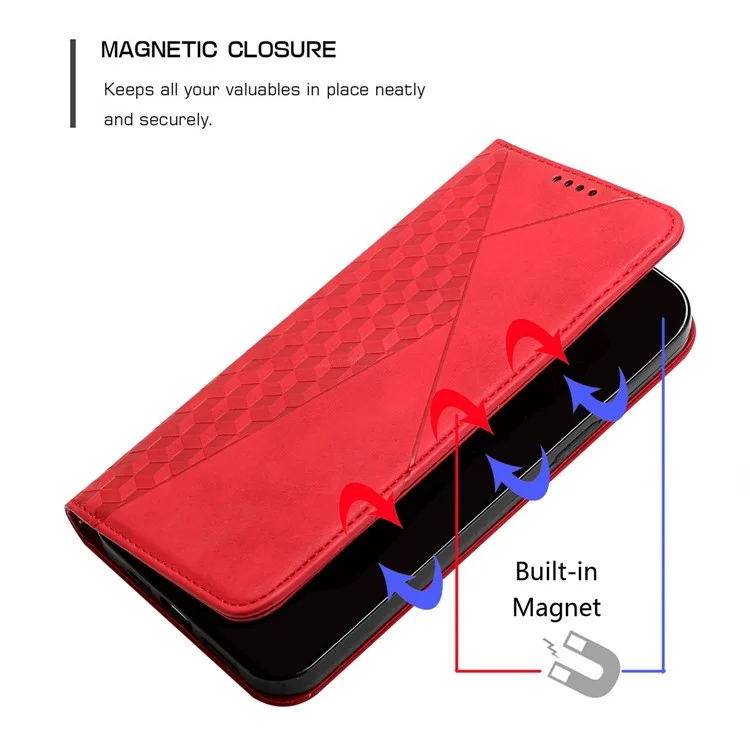 Per Oppo Reno8 Pro 5G (versione Globale) / Reno8 Pro+ 5G Assorbimento Magnetico PU Pettura Percolo Portafoglio Case Rhombo Pattern Exprinted Shock Aound Cover - Rosso
