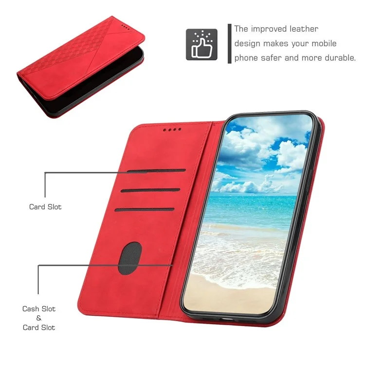 Per Oppo Reno8 Pro 5G (versione Globale) / Reno8 Pro+ 5G Assorbimento Magnetico PU Pettura Percolo Portafoglio Case Rhombo Pattern Exprinted Shock Aound Cover - Rosso