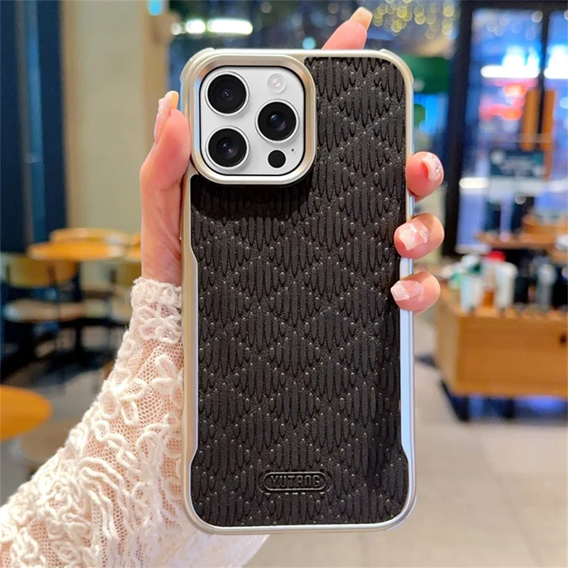 YUTRNG For iPhone 16 Pro Max Case Wave Texture PU Leather + PC Magnetic Phone Cover - Black