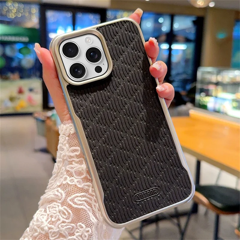 YUTRNG For iPhone 16 Pro Max Case Wave Texture PU Leather + PC Magnetic Phone Cover - Black