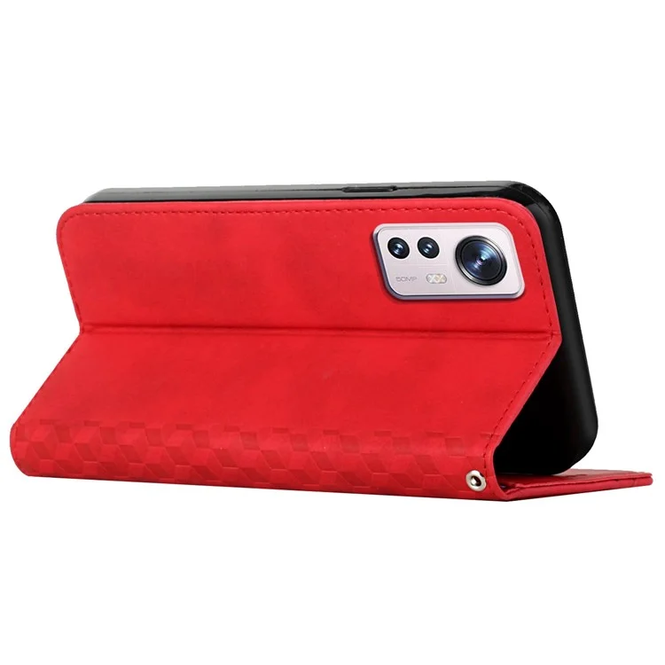 For Xiaomi 12T 5G / Redmi K50 Ultra 5G / 12T Pro 5G Rhombus Pattern Imprinted Flip Stand Wallet Case Magnetic Absorption PU Leather Phone Full Protection Cover - Red