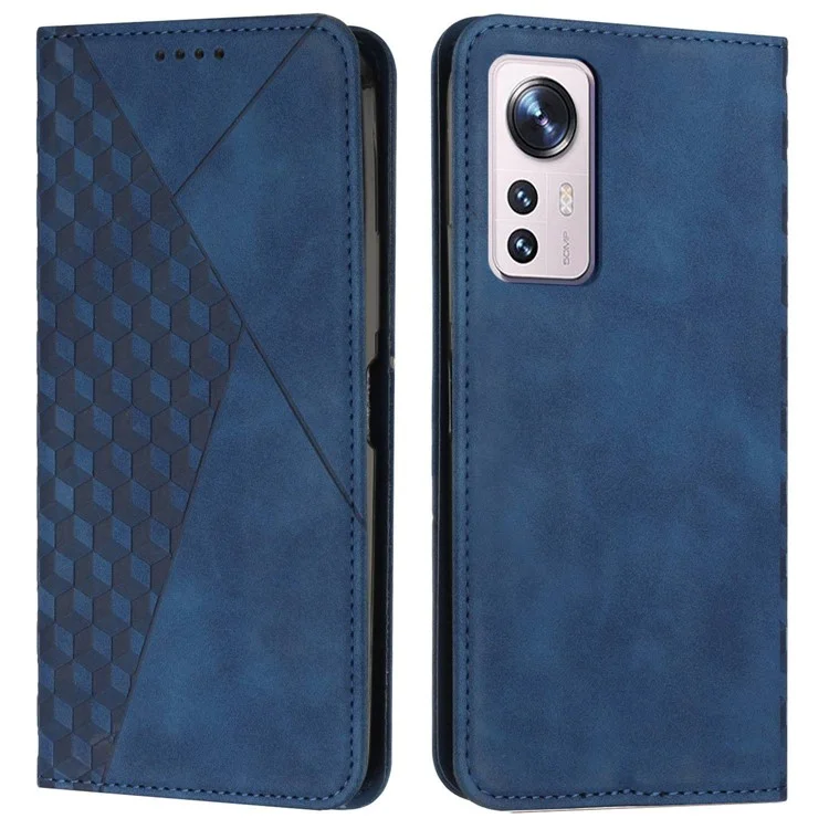 Pour Xiaomi 12T 5G / Redmi K50 Ultra 5G / 12T Pro 5G Rhombus Pattern Imprinted Flip Stand Wallet Case Magnetic Absorption PU Leather Phone Full Protection Cover - Saphir