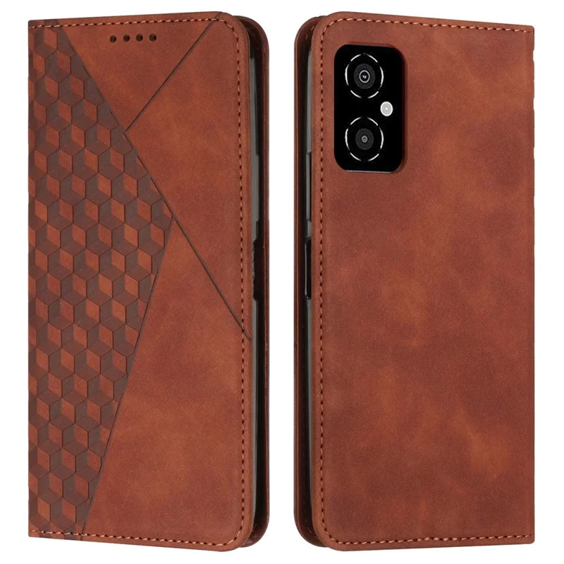 For Xiaomi Poco M4 5G Magnetic Auto Closing PU Leather Phone Stand Cover Rhombus Pattern Imprinted Wallet Case - Brown