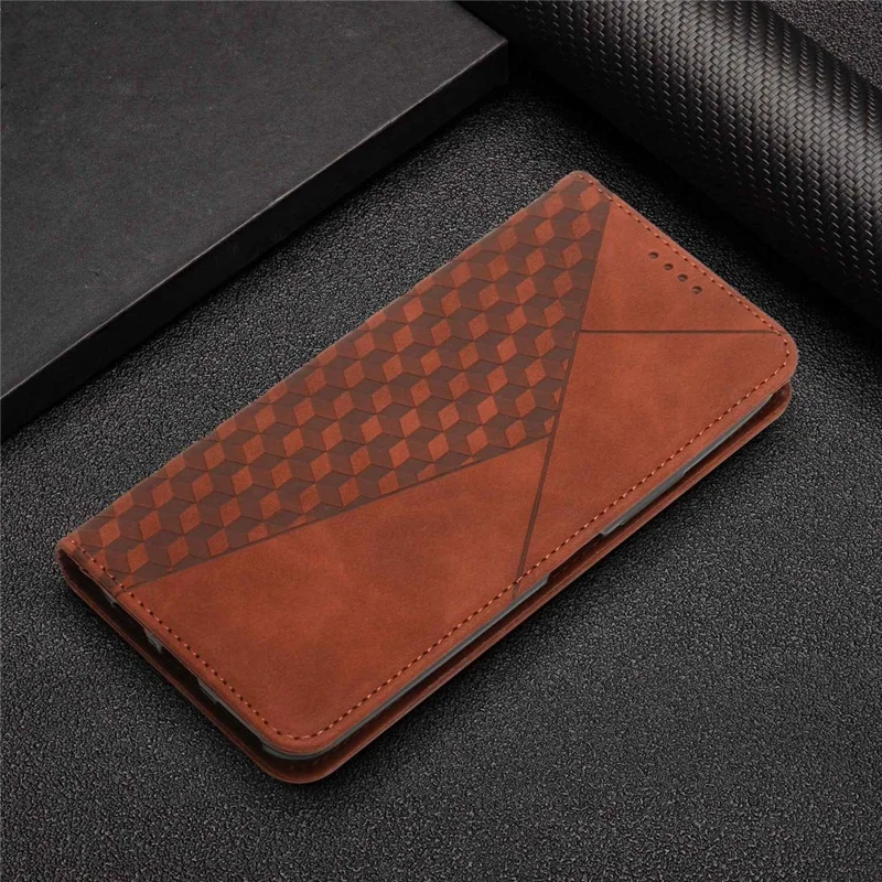 For Xiaomi Poco M4 5G Magnetic Auto Closing PU Leather Phone Stand Cover Rhombus Pattern Imprinted Wallet Case - Brown