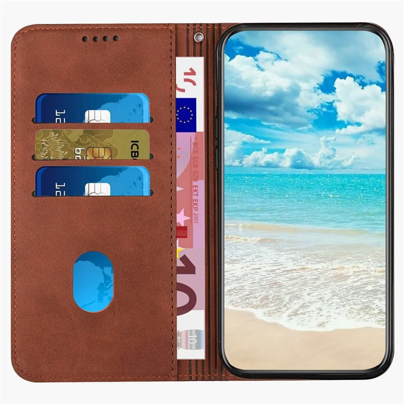 For Xiaomi Poco M4 5G Magnetic Auto Closing PU Leather Phone Stand Cover Rhombus Pattern Imprinted Wallet Case - Brown