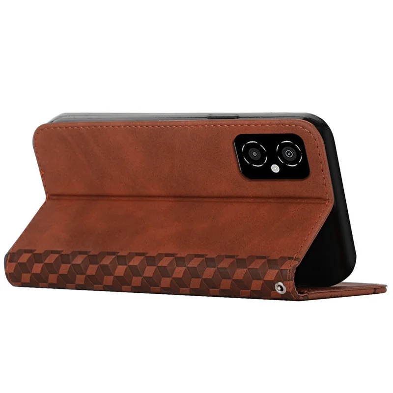 For Xiaomi Poco M4 5G Magnetic Auto Closing PU Leather Phone Stand Cover Rhombus Pattern Imprinted Wallet Case - Brown
