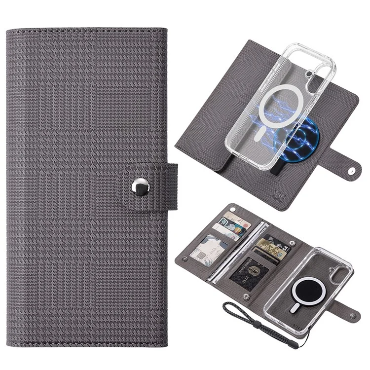 VILI GHA-C Series For iPhone 16 Magnetic Case RFID Blocking Detachable 2 in 1 Leather Phone Cover - Grey