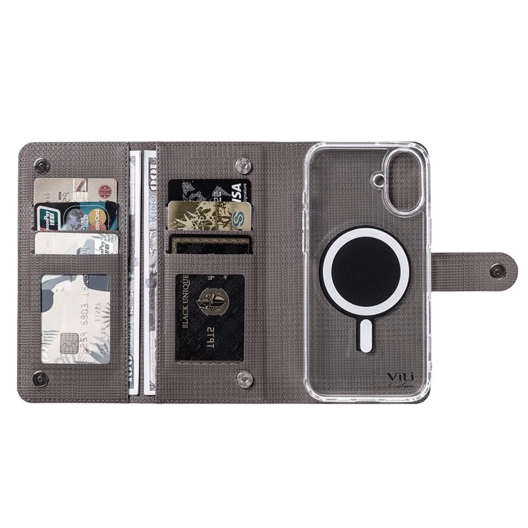 VILI GHA-C Series For iPhone 16 Magnetic Case RFID Blocking Detachable 2 in 1 Leather Phone Cover - Grey