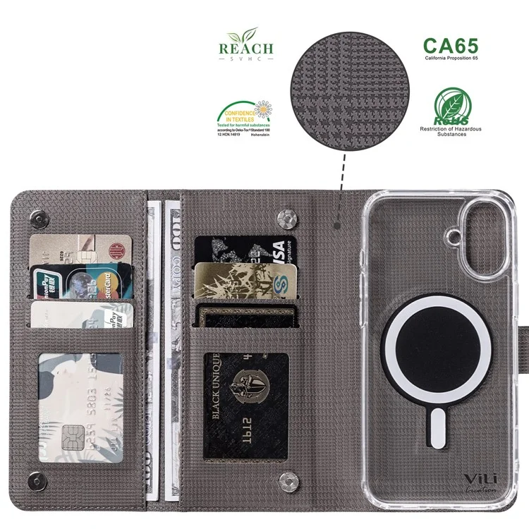 VILI GHA-C Series For iPhone 16 Magnetic Case RFID Blocking Detachable 2 in 1 Leather Phone Cover - Grey