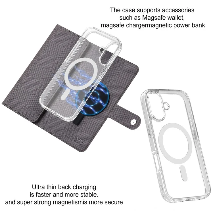 VILI GHA-C Series For iPhone 16 Magnetic Case RFID Blocking Detachable 2 in 1 Leather Phone Cover - Grey